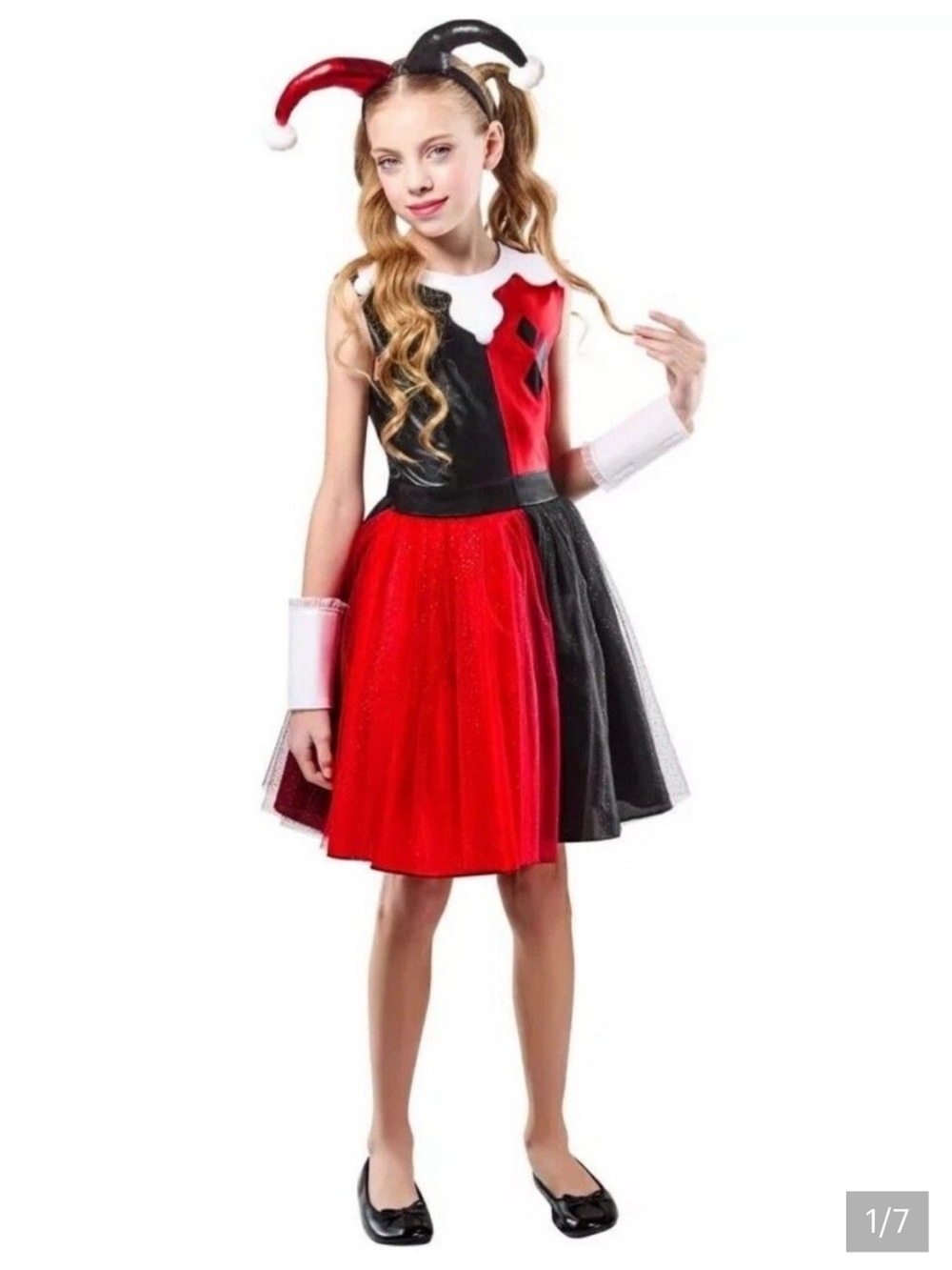 Harley Quinn Girls' Red Black Dress Costume DC Comics Halloween M 7-8 L 10-12